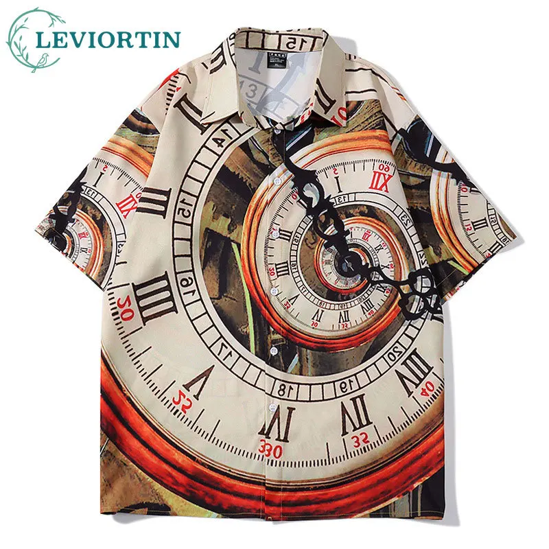 

Men Summer Hawaiian Shirt Streetwear Vintage Clock Graphic Print Short Sleeve Summer Beach Shirts Fashion Casual Button Blouse