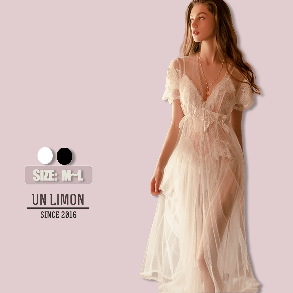 

UNLIMON Women Sexy Lace Pajamas Sets Deep V Neck Long Sleeve Robe Maxi Night Dress With Panties