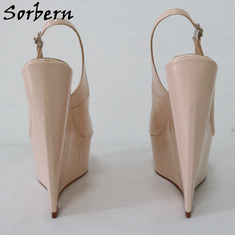 Sorbern Nude Patent Women Pump Shoes Slingback Open Toe High Heels Platform Narrow Wedge Heels Customized Shoes Unisex Size EU45
