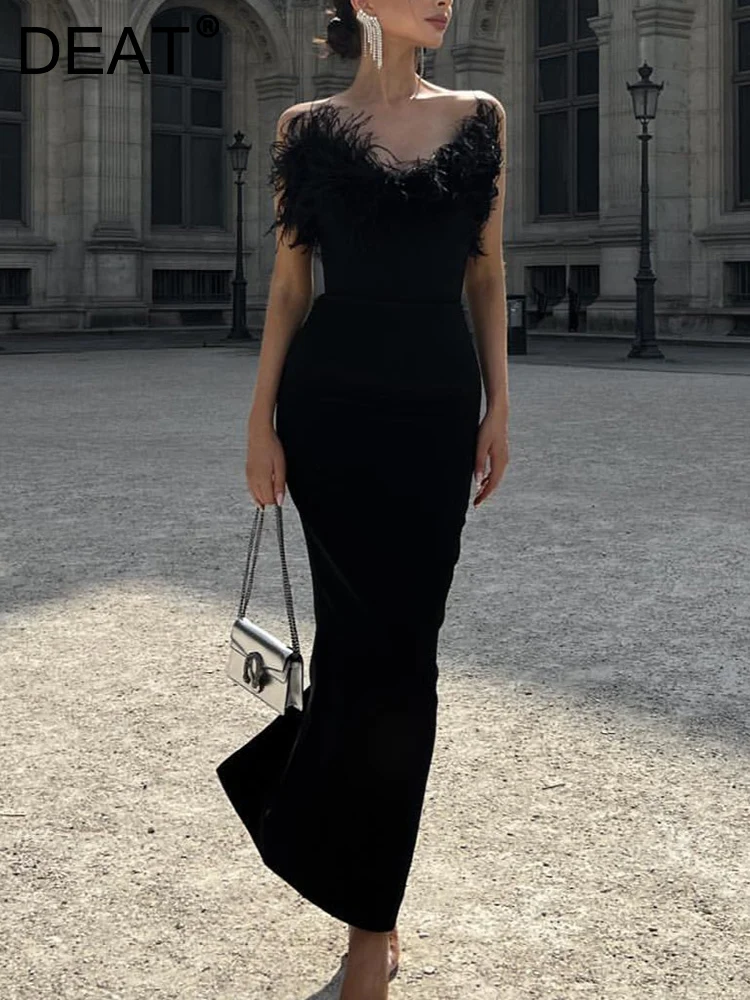 

[DEAT] Elegant Fashion Splicing Feather Slim Hip Wrap Dress New Arrival Female Design Knitting Dresses 2023 Spring 13DB428