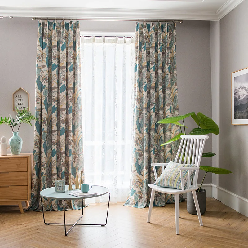 

Modern New Chinese Study Room Grass and Wood Printed Curtains Finished Custom Blackout Curtains