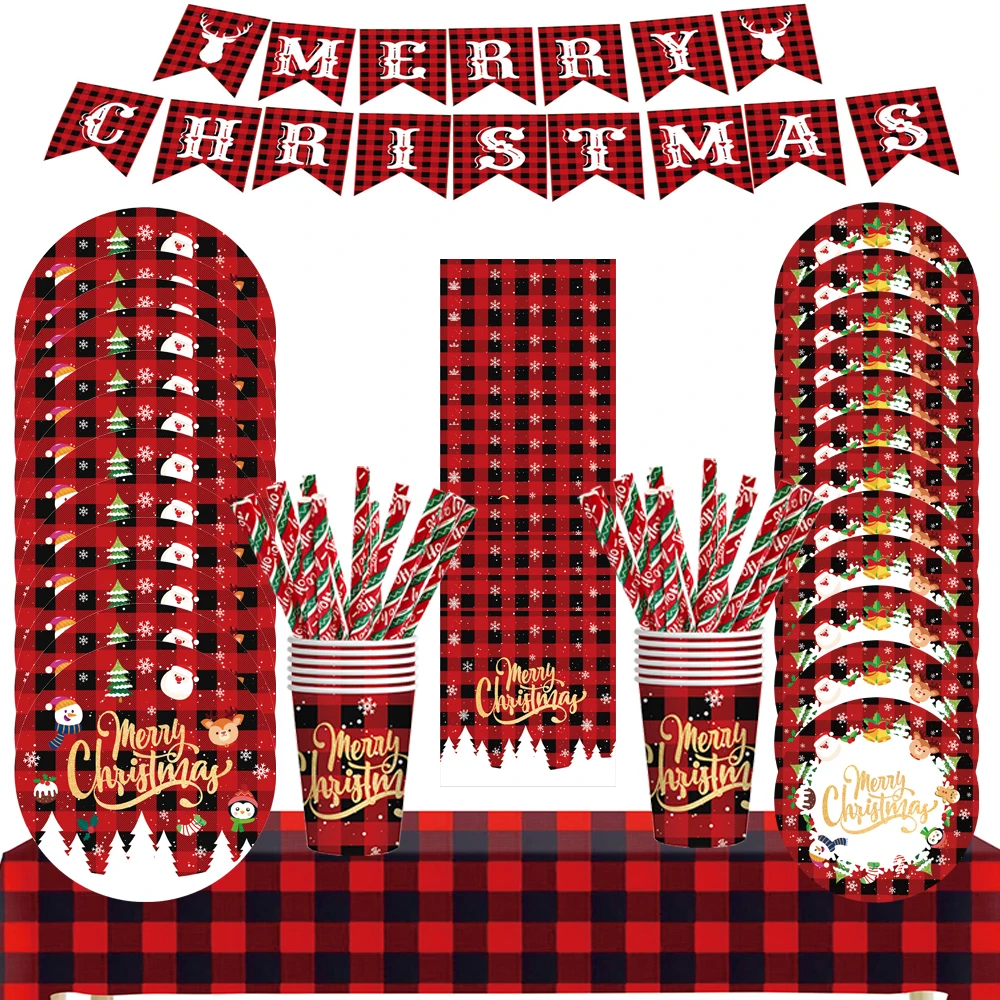 

Christmas Decorations Disposable Tableware Set Merry Christmas Paper Plates Cup Banner Table Cover for New Year Xmas Party Decor
