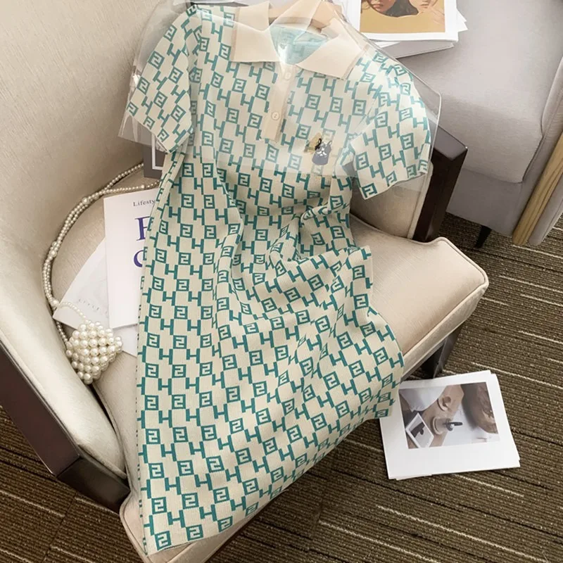 

Women Casual Short Sleeved Shirt Dress Korean Fashion Vintage Chic Polo Collar Plaid Stamp Stretch Dress Summer Female 2023 New