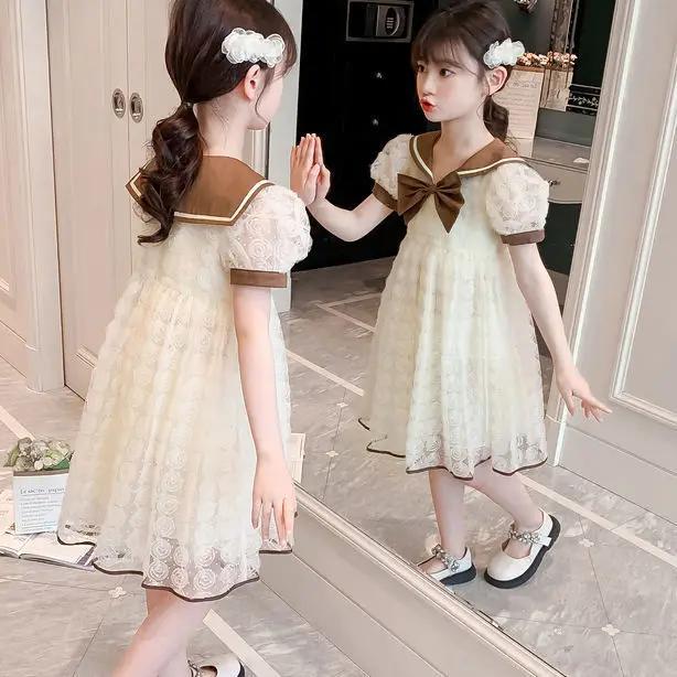 

2023 Cute Girls Princess Dress Short Sleeve Gown Kids Birthday Bow Outfits Solid Girls Party Vestidos Clothes 4-12 Years F164