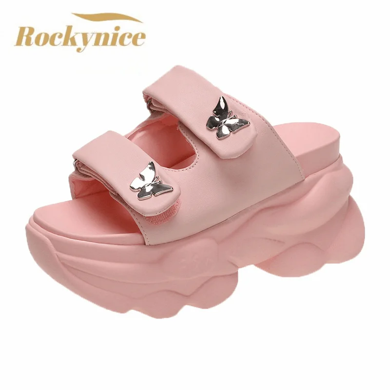 Women Slippers Summer Ladies Beach Flip-Flops Chunky Leather Shoes Wedges Heels Outside Sandals Woman High Platform Slippers 9CM