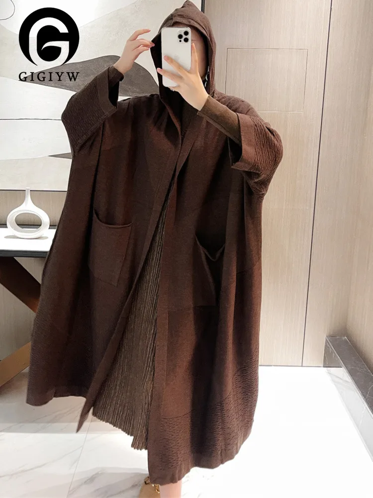 

GIGIYW Women Autumn Winter 2022 Large Showing Thin Covering Loose Hooded Black Oversized Lightweight Cardigan Knit Sweater ZZ262