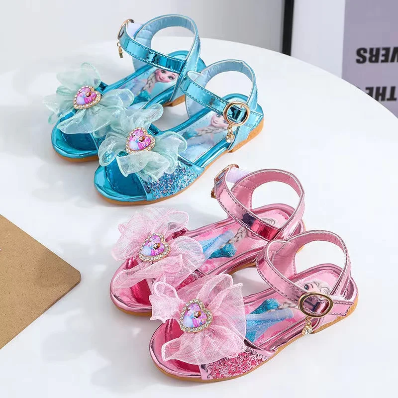 

Baby Girl Leather Shoes Cartoon Frozen Anna Elsa Princess Kid Casual Children Glitter Crystal Dancing Shoes Bowknot Girl Sandal