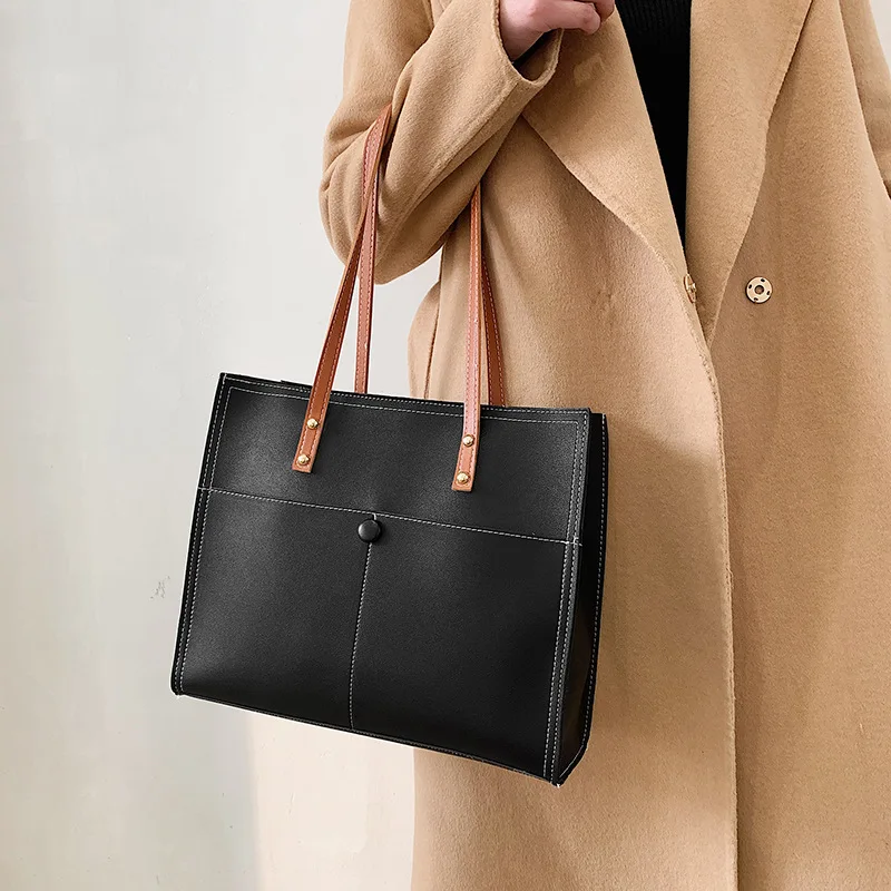 

New Style Shoulder Bag Retro Trendy Spot Solid Color Large-capacity Tote Bag Pu Waterproof Outgoing Storage Bag