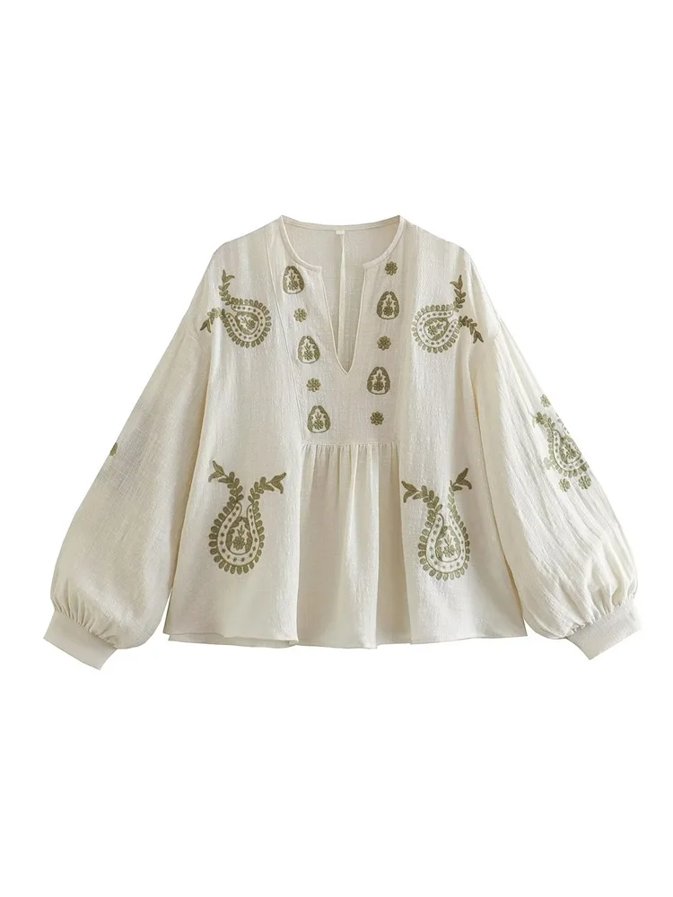 

MESTTRAF Женская мода 2023 Y2K свободные блузки с контрастной вышивкой винтажные женские рубашки с V-образным вырезом и длинным рукавом шикарные топы