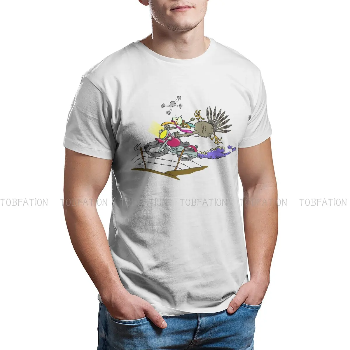 

The Motorcycle Round Collar TShirt Cow and Chicken Animation Comedy Fantasy Fabric Basic T Shirt Men Clothes Individuality Sale