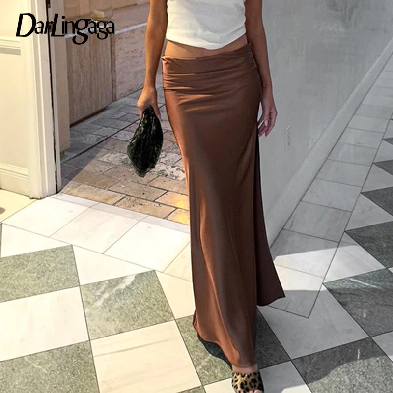 

Darlingaga Chic Elegant Brown Low Waist Long Skirt Female Summer Side Split Solid Basic Fashion Satin Skirts Party Maxi Outfits