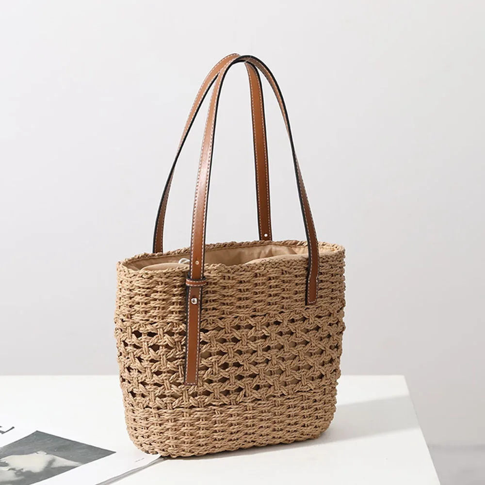 Casual Straw Woven Handbags For Women PU Leather Top-handle Braided Vacation Beach Weave Tote Bag Hollow Out Rattan Satchel