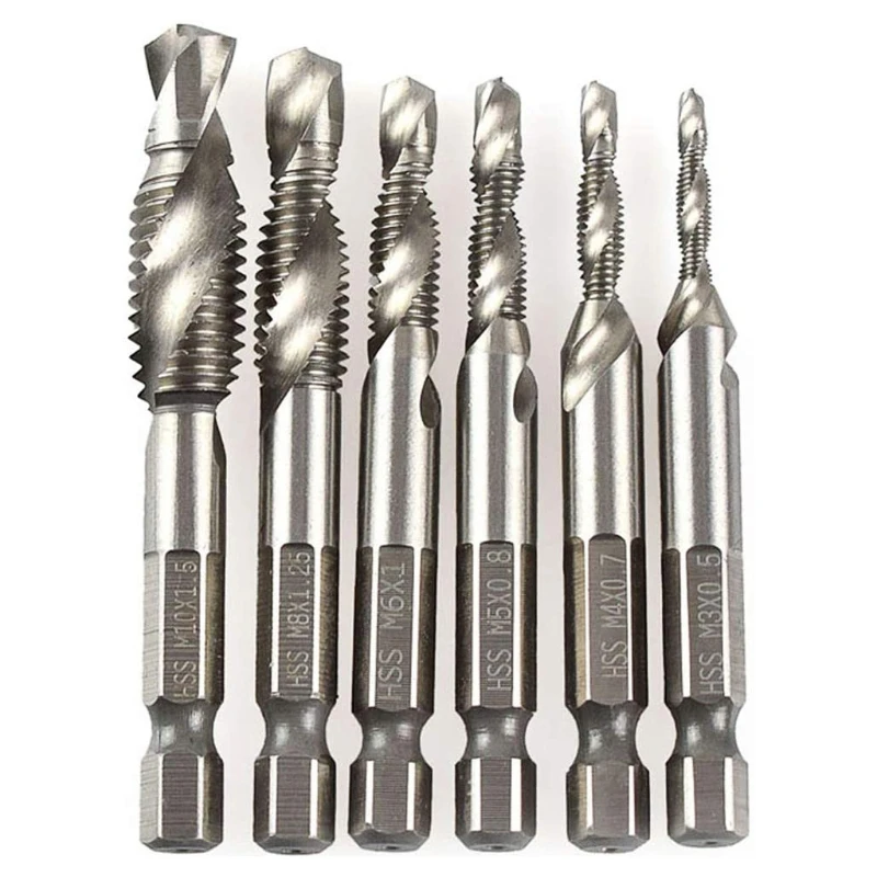 

6pcs M3-M10 Screw Tap Drill Bits HSS Taps Countersink Deburr Set Metric Hex