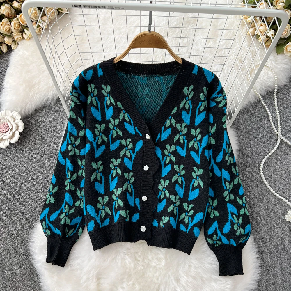 

Женский жаккардовый однобортный Кардиган, Свободный вязаный жаккардовый кардиган в стиле ретро с V-образным вырезом, Осень-зима 2022