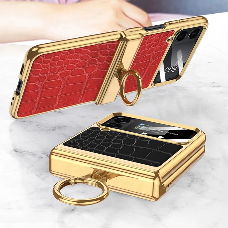 

GKK For Samsung Galaxy Z Flip 4 3 Case Magnetic Hinge Leather Ring Holder Phone Cover For Galaxy Z Flip4 All-Included Hard Case