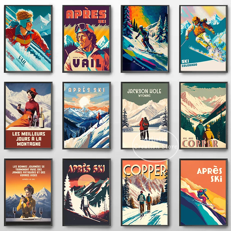 Винтажный настенный постер С закатом Картина на холсте френч-Альпы лыжная кабина