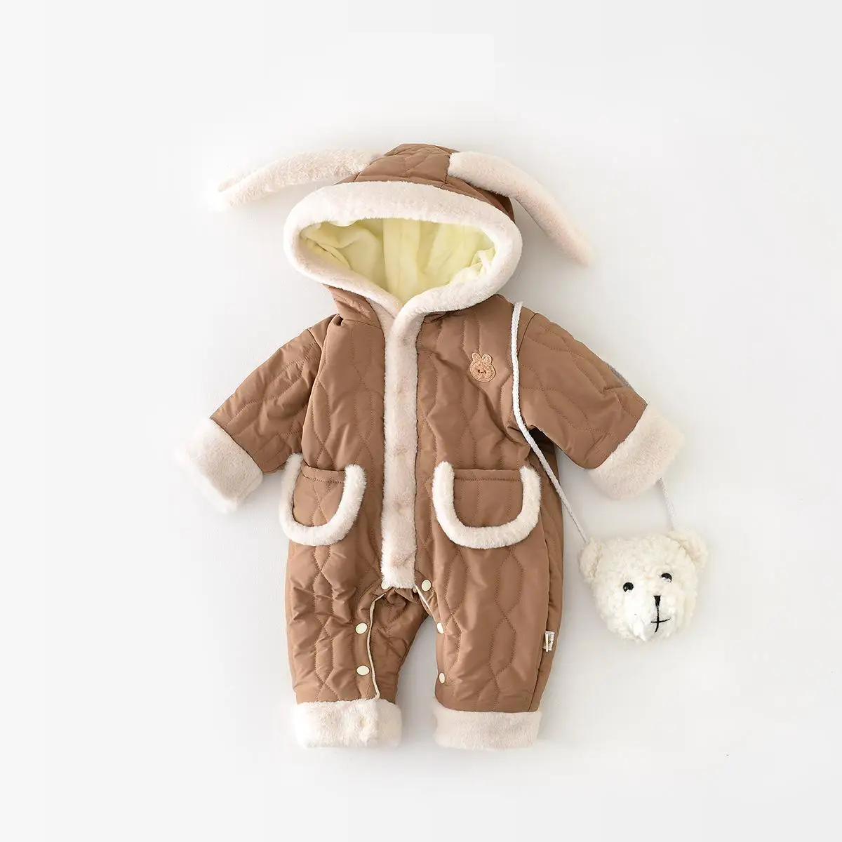 

2023 Winter New Baby Cute Rabbit Ears Hooded Romper Infant Boy Plus Velvet Thick Jumpsuit Girl Warm Onesie Newborn Clothes 0-24M