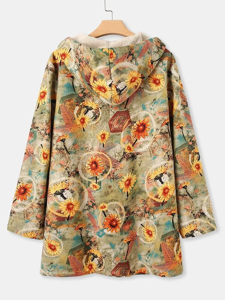 Autumn and Winter Fleece Warm Coat Hooded Zipper Long Sleeve Women's Floral Printed Elegant Coat Roupas Femininas Ey*