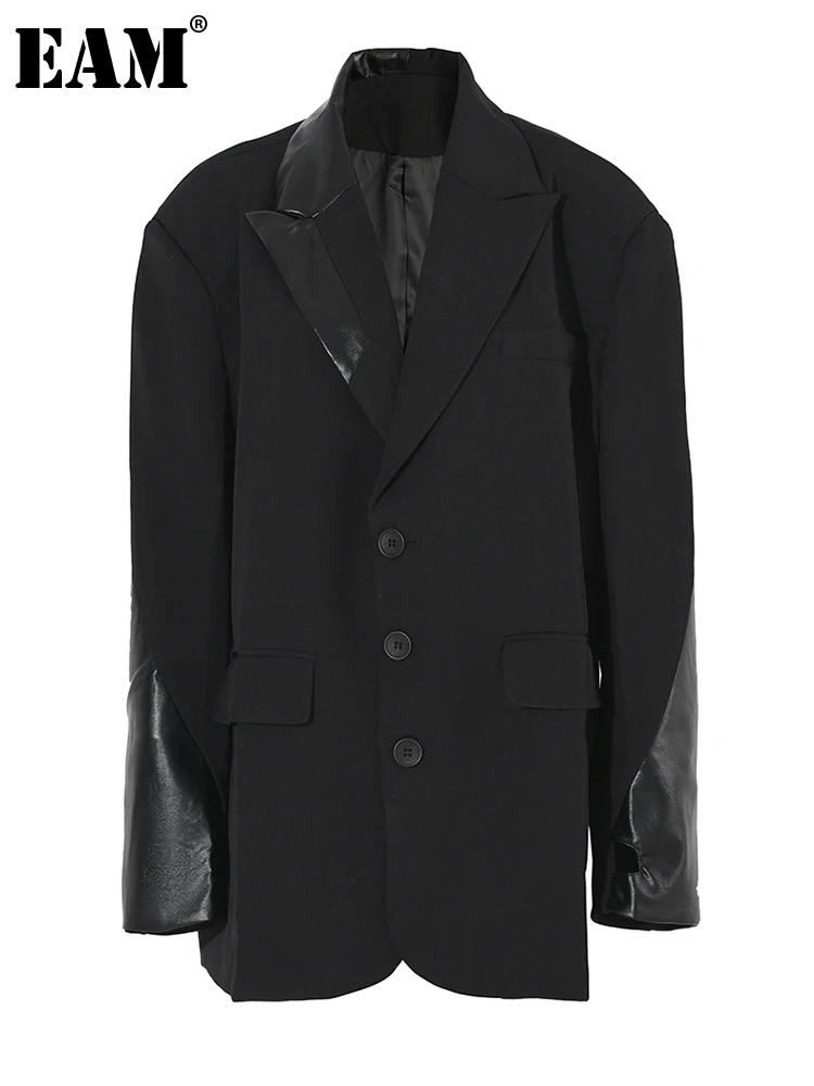 

[EAM] Women Black Pu Leather Spliced Big Size Blazer New Lapel Long Sleeve Loose Jacket Fashion Spring Autumn 2023 1DF038901