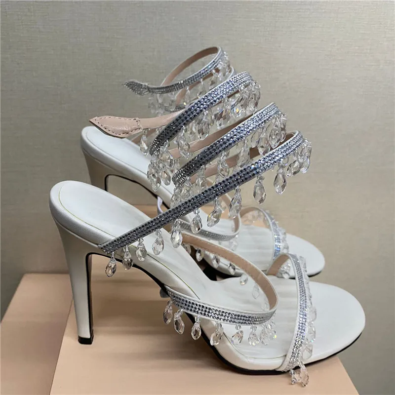 Summer Sexy Ladies Sandals Round Toe Prom Shoes Fringed Crystal Lights Snake-like Ankle Straps Rhinestone Mature Women Sandals