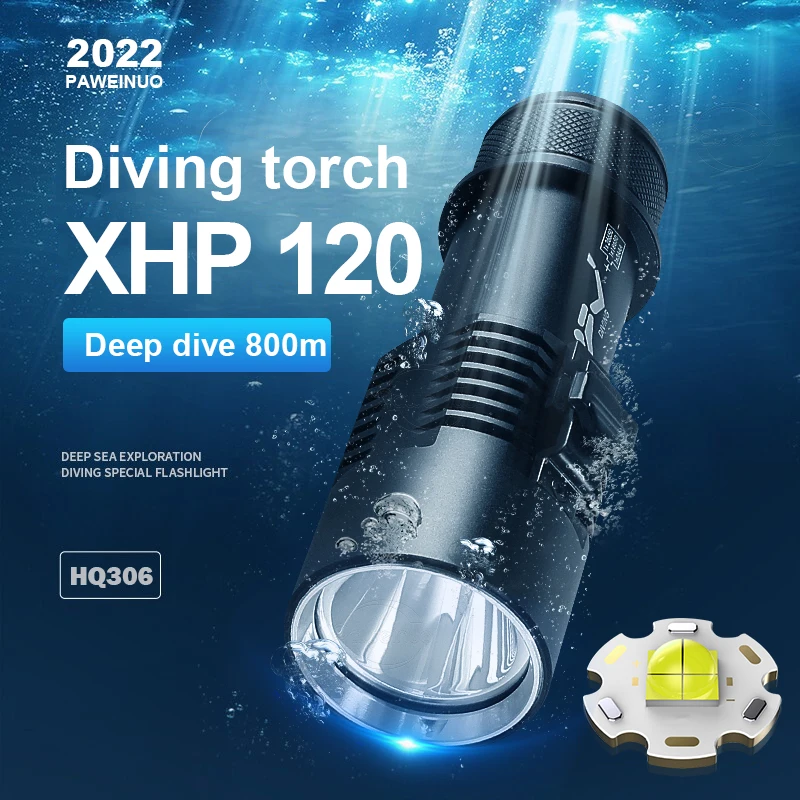 

800m Diving Flashlight 9000LM XHP120 Professional Underwater Scuba Diving Torch IPX8 Waterproof Dive Light 18650 26650 battery