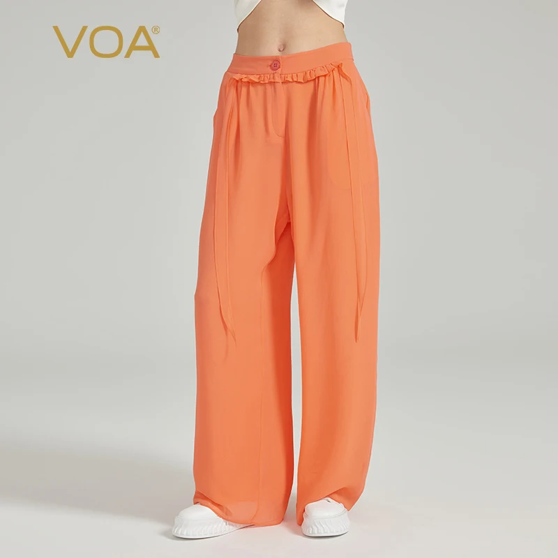 

VOA 100% Silk Orange Double-layer Georgette Elastic Waist Trousers Elegant Edible Tree Fungus Bright Silk Straight Pants KE950