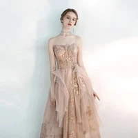 elegant champagne pink prom dress sexy strapless shiny sequins beading a line tulle long celebrity graduation party evening gown