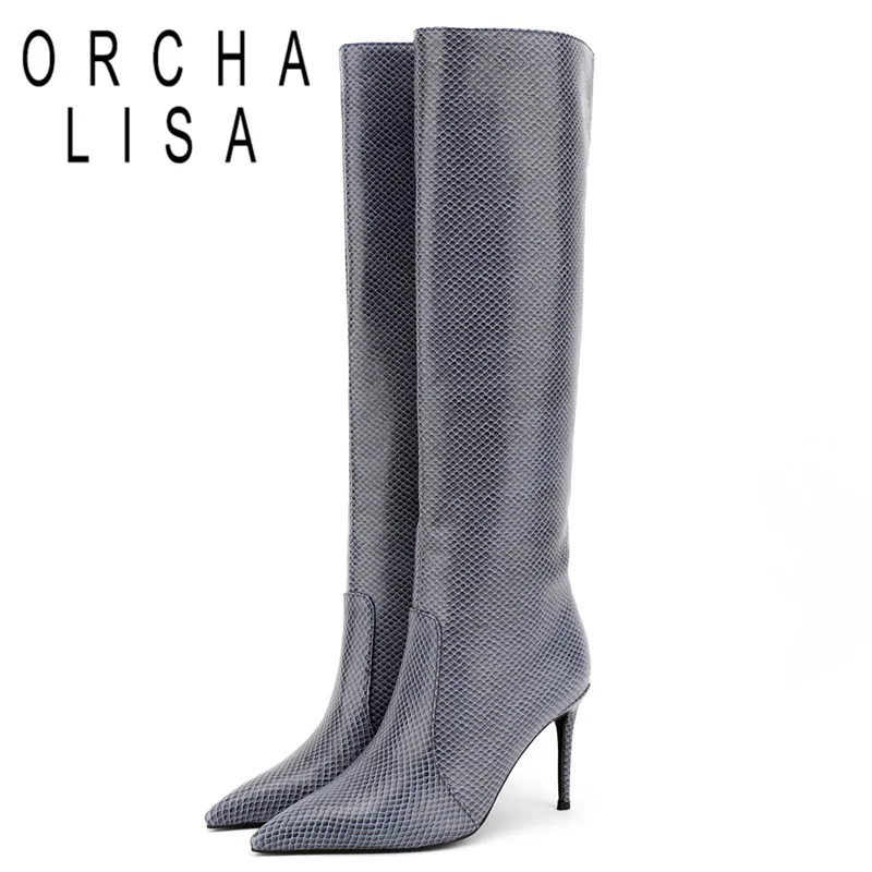 

ORCHA LISA Ladies Knee Boots Pointed Toe Thin Heels 9.5cm Plus Size 34-47 Slip-on Embossed Strip Solid Party Shoes Concise S4155