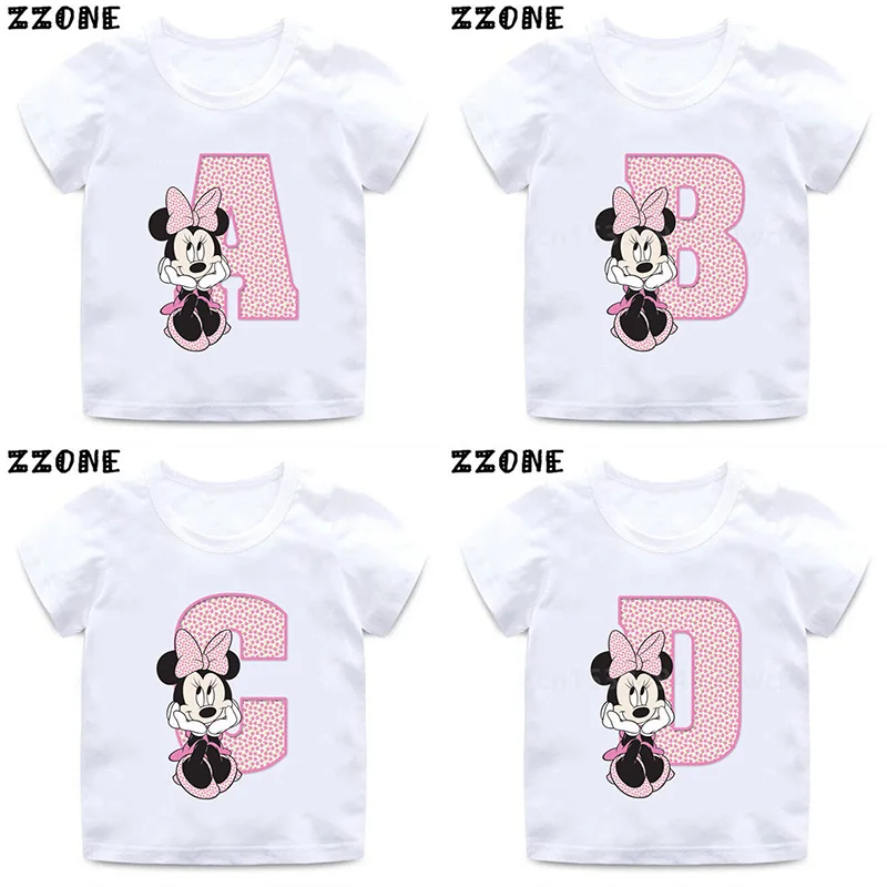 

Одежда для девочек с изображением Диснея Минни Маус, цветочные розовые буквы алфавита, детские футболки с именем A, B, C, D, футболки для малень...