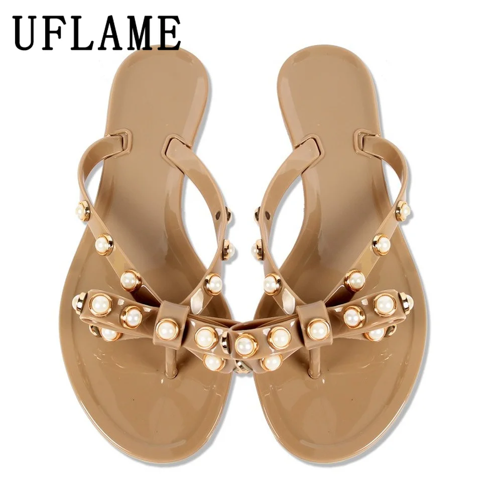 

Шлепанцы женские с бантом, мягкие однотонные сандалии-желе на плоской подошве, пляжные удобные тапочки с жемчугом, для курорта, летняя обувь