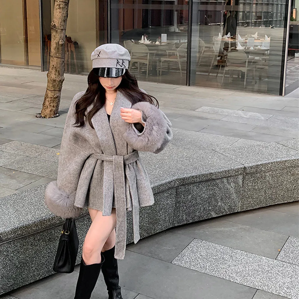 Корейская Двусторонняя кашемировая куртка Женское зимнее пончо из лисьего меха