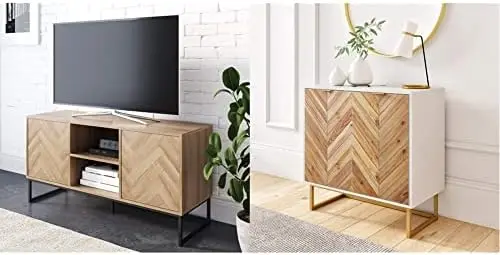 

Media Console Cabinet or TV Stand, Oak/Matte Black & Enloe Modern Storage, Free Standing Accent Cabinet, White/Gold