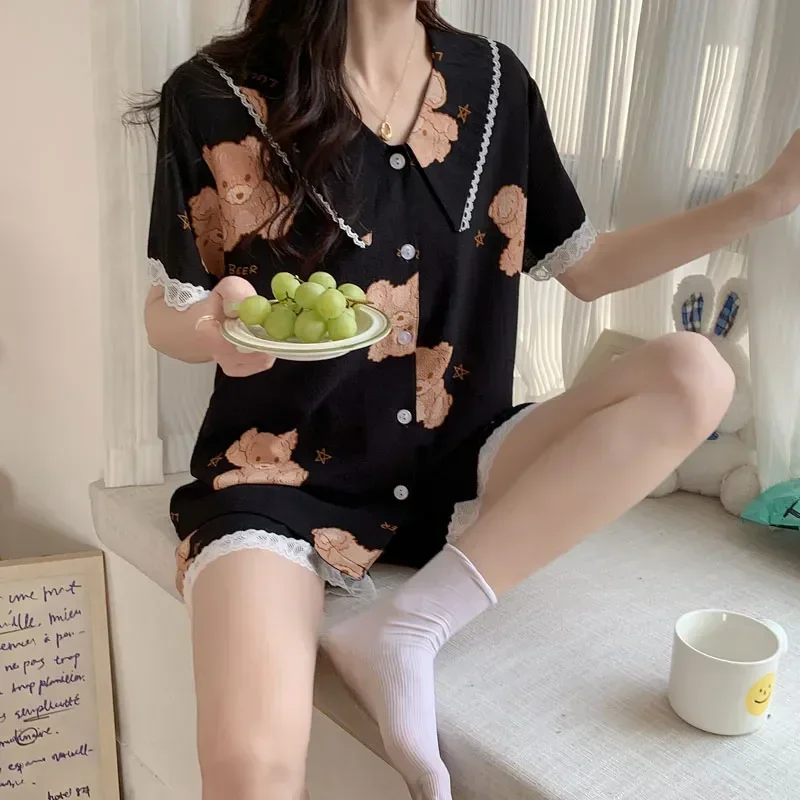 

Женская короткая Пижама с рукавами, большие размеры, с рисунком вишни, экологически чистый Топ с оборками и шорты, дышащий комплект