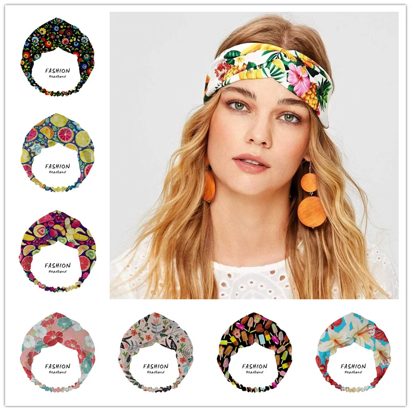 

Fashion Women Girls Summer Hair Bands Vintage Bohemian Print Elastic Headbands Cross Turban Bandage HairBands Hair Accessories