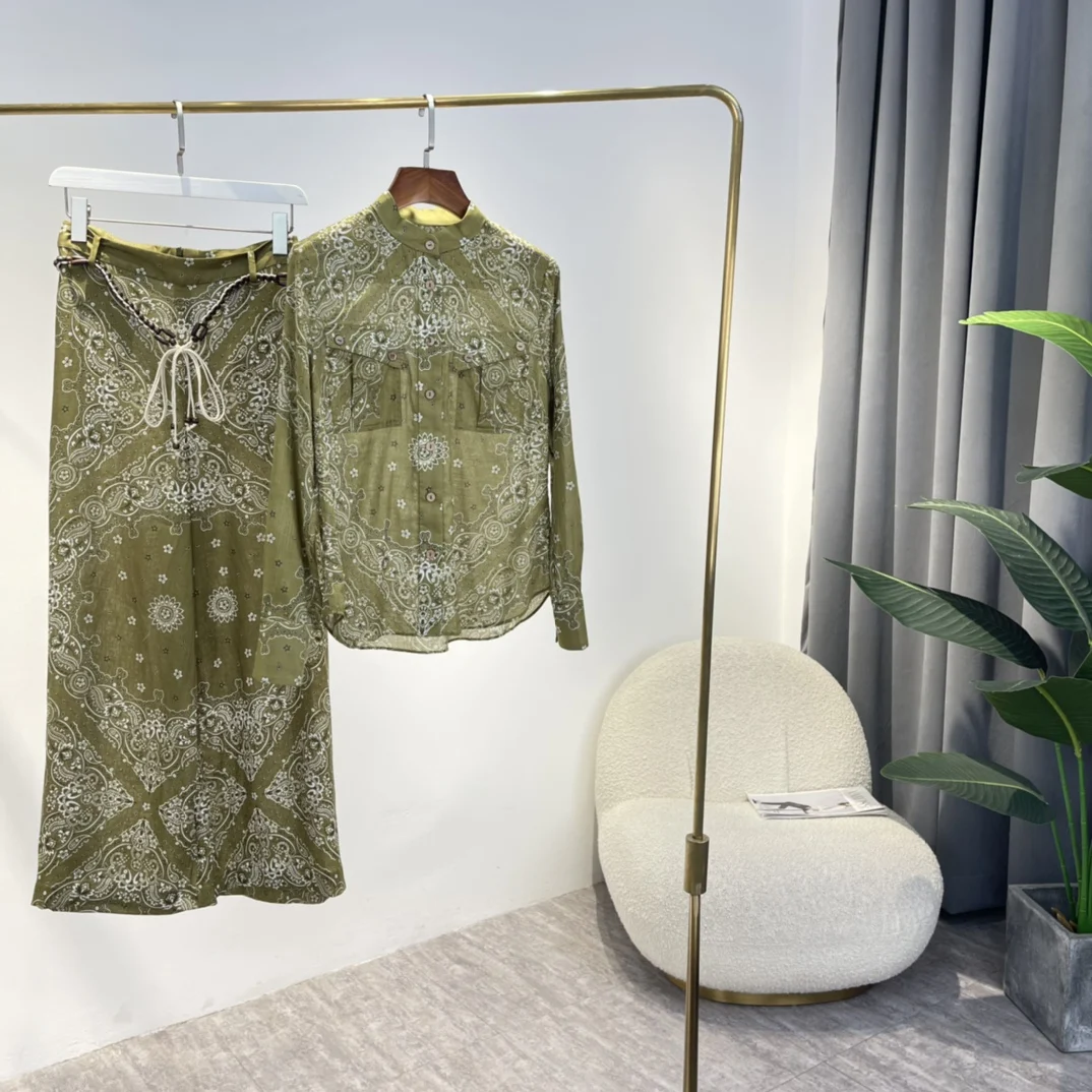 

2022 Summer Top Quality Cotton Casual Paisley Print Indie Folk Mandarin Collar Olive Green Blouse Wide Legs Pants Set Woman