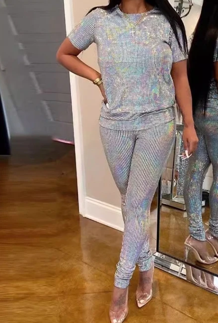 Элегантный летний модный комплект из топа и брюк с круглым вырезом коротким