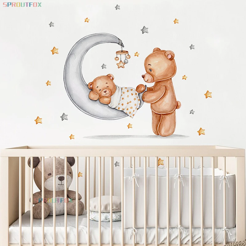 

Baby Bear & Mommy Bear Wall Sticker Sleeping Little Bear On The Moon Star Wall Decals Nursery Decorative Stickers Bedroom Decor