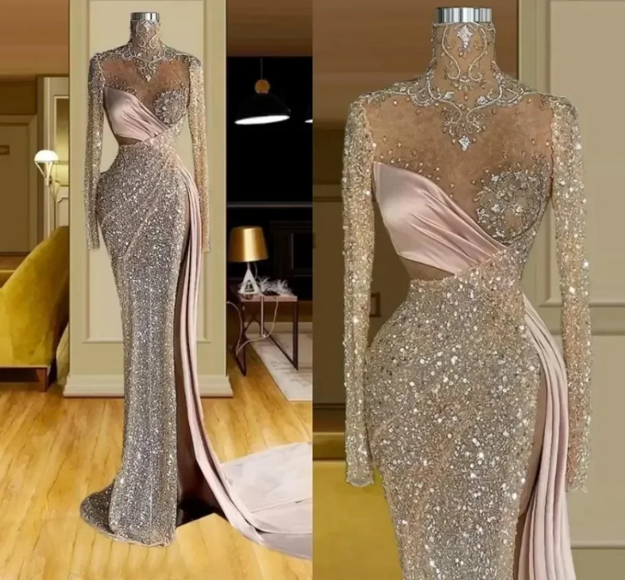 

New Formal Evening Dresses Trumpet High Neck Long Sleeve Floor-Length Sweep Train Crystal Beaded Sequined Satin Thigh-High Slits