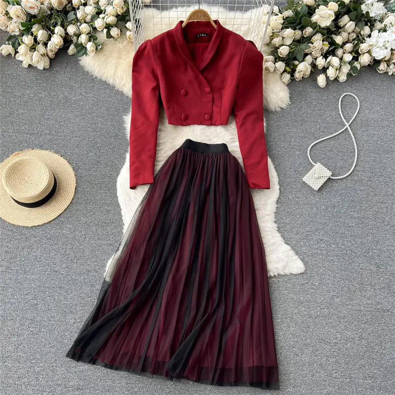

Crop Blazer And Skirt Set 2022 Spring New Short Coat Suit Skirt Female Temperament Korean Top Mesh Jupe Fashion Two Piece H112