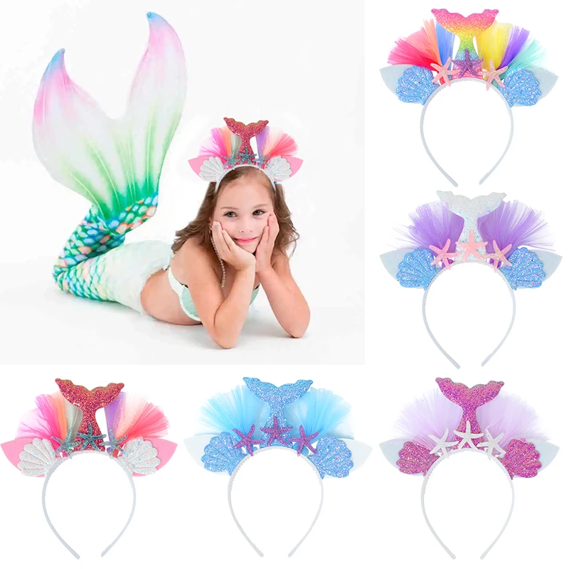 

1pcs Mermaid Heanband Starfish Shell Mermaid Tail Princess Mesh Yarn Hairbands Accessories Photo Props Girl Birthday Party Decor