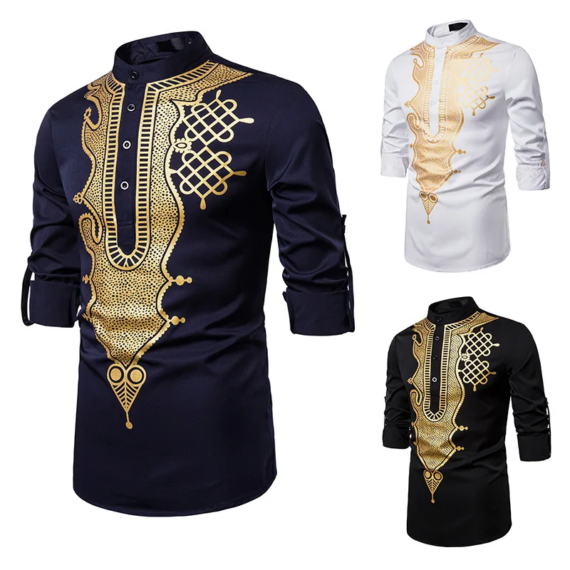Men's casual fashion hot coating shirt totem long shirt Muslim straight shirt
