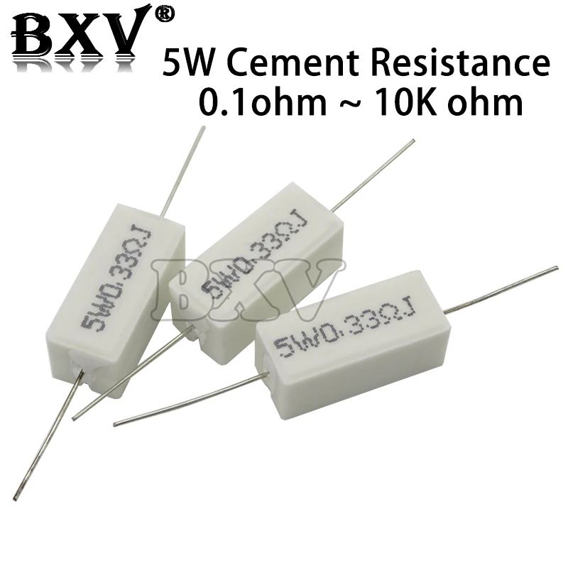 

10PCS New 5W Cement Resistance 0.1 ~ 10k Ohm 0.33R 1R 10R 100R 0.22 0.33 1 10 100 1K 10K Ohm Cement Resistor
