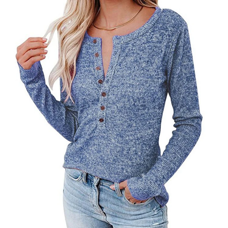 

Slim t-shirt 2022 for summer crew neck Top women Solid Color Button Long Sleeve Knit Sweater Casual crop top Woman clothes