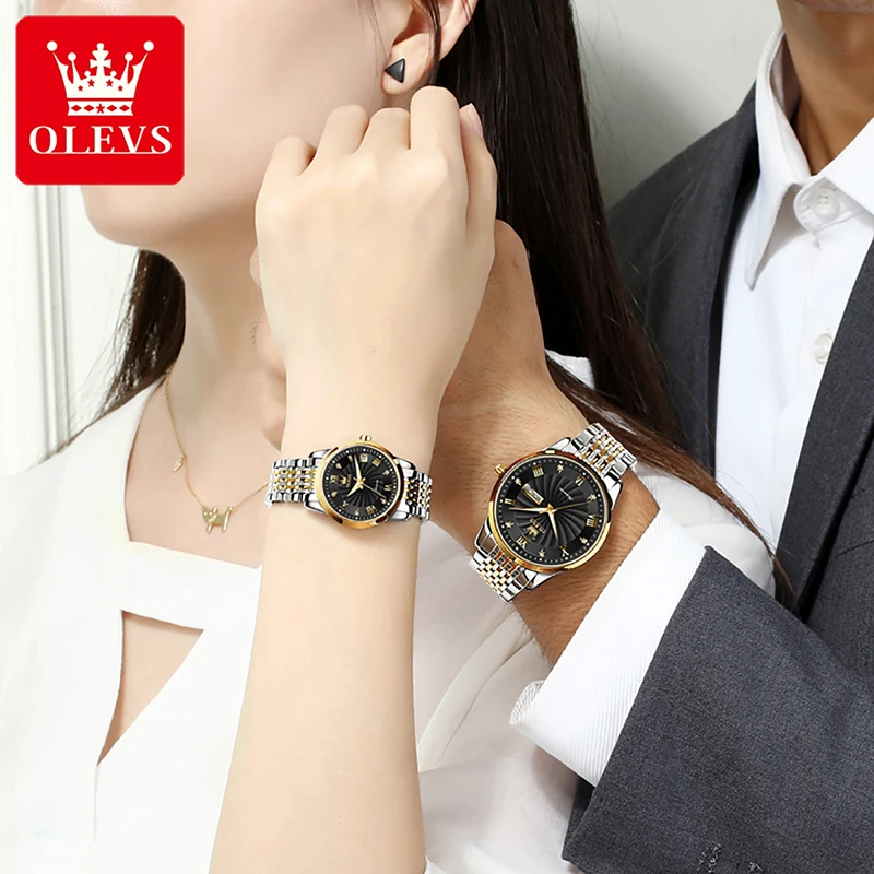 OLEVS New Couple Watch Stainless Steel Strap Luminous Waterproof Clock Fashion Simple Luxury Diamond Couple Wristwatches 6630