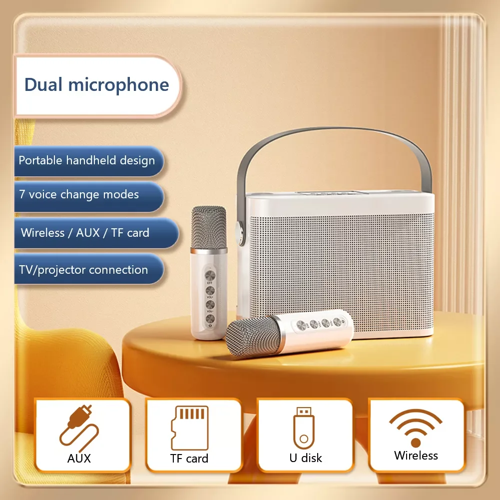 

NEW2023 Portable 3 Inch 20W Speaker with Dual Microphone Handheld Family Karaoke Machine Bluetooth- 5.0 Home Singing Equipment