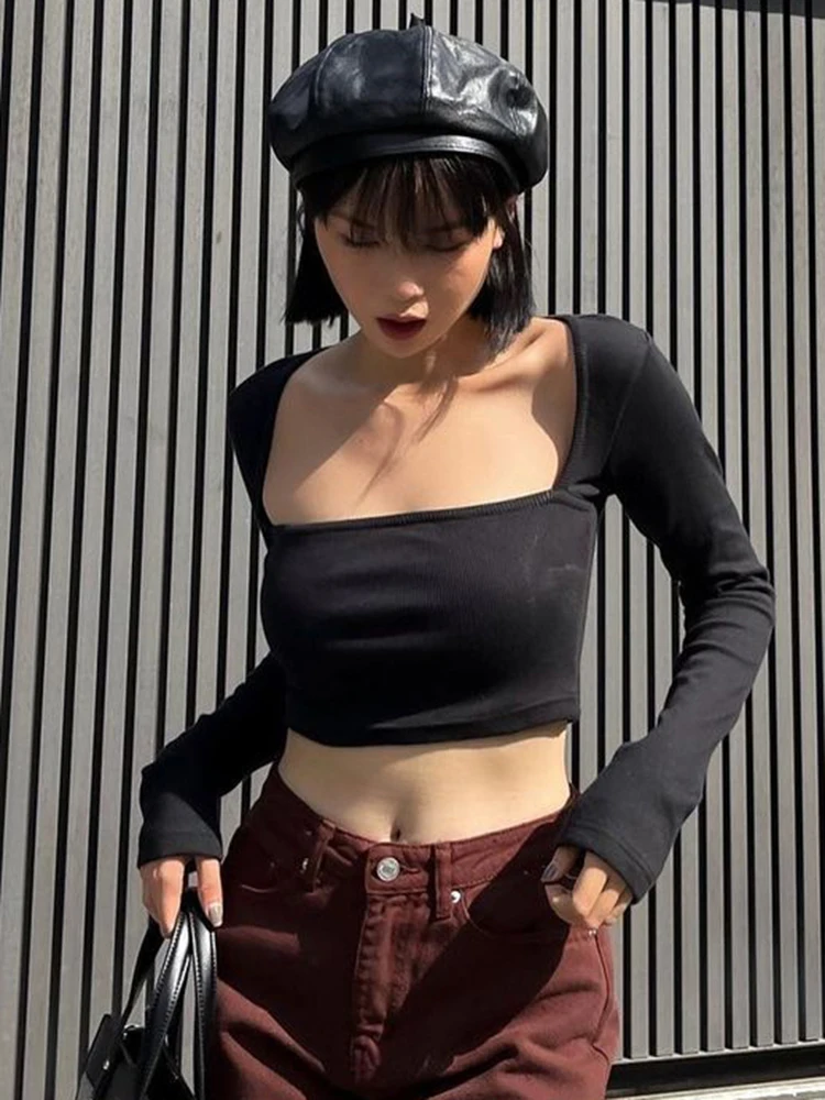 

Thin T-shirt Square-neck Long Sleeve Three Color Sexy Summer Women's Shirts 2023 Crop Top Aesthetic Clothing Chic And Elegant