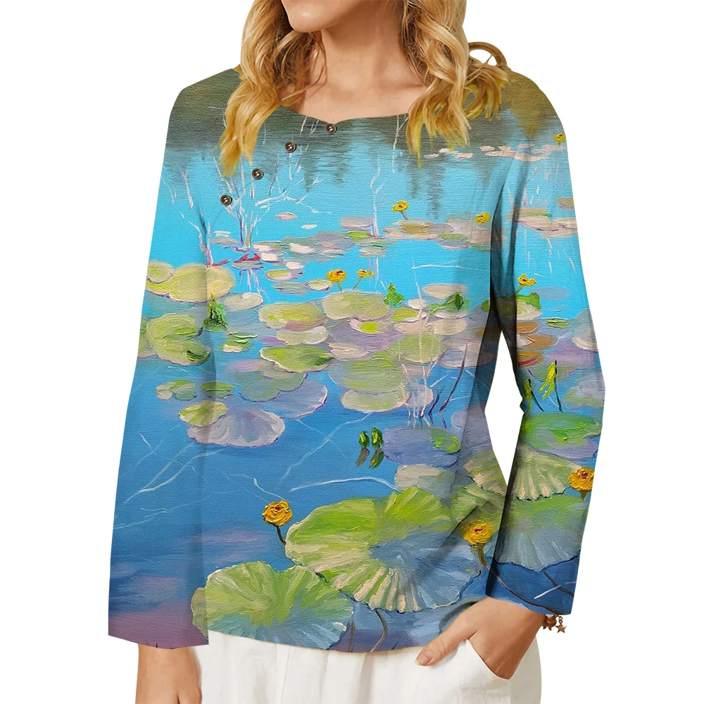 

CLOOCL Elegant Women T-shirt Blue Sky Water Lily Oil Painting Graphics 3D Print Button Decorate Long Sleeve Tee Artistic Blouses