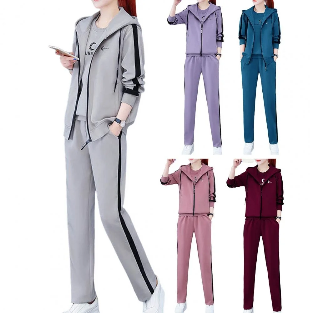 

Fashion Women Sportswear Suit Hoodie Sweatpants Vest Top Vest Pants Set Long Sleeve Simple Style Women Tracksuit for School