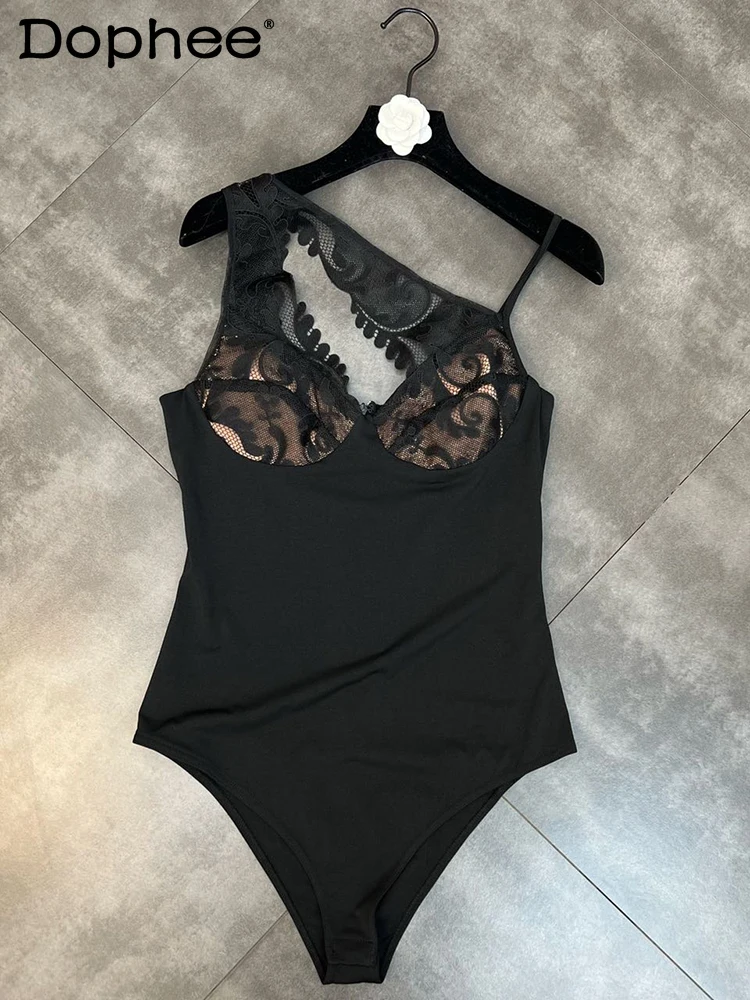 

Women Diagonal Collar Lace Patchwork Sexy Bodysuits New Fashion Spring Summer Temperament Lady Clothes 2022