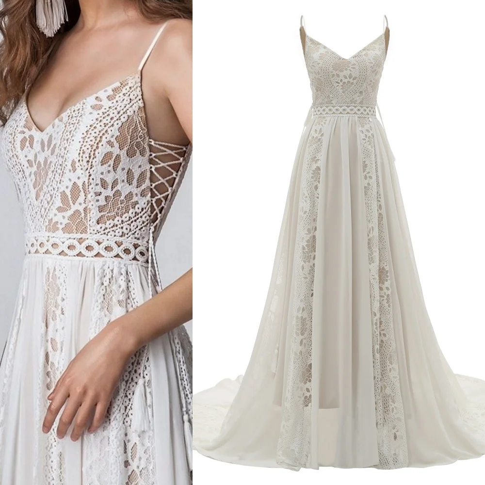 

Boho Real Photos Spaghetti Straps Bride Gown 2023 Sleeveless V Neck Open Back Bohemian Sweep Train Wedding Dress Chiffon Lace